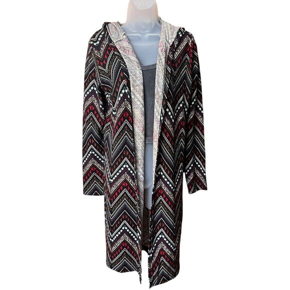 Cato Hooded Multicolor Chevron Duster Cardigan Sz L Aztec Geometric Artsy Tribal - Picture 5 of 11